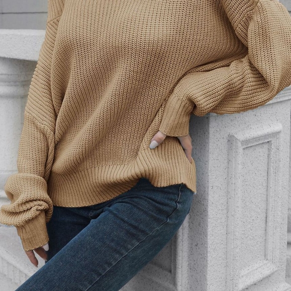 Off-Shoulder Comfort Ribbed Sweater - Tan - Picture 3 of 4
